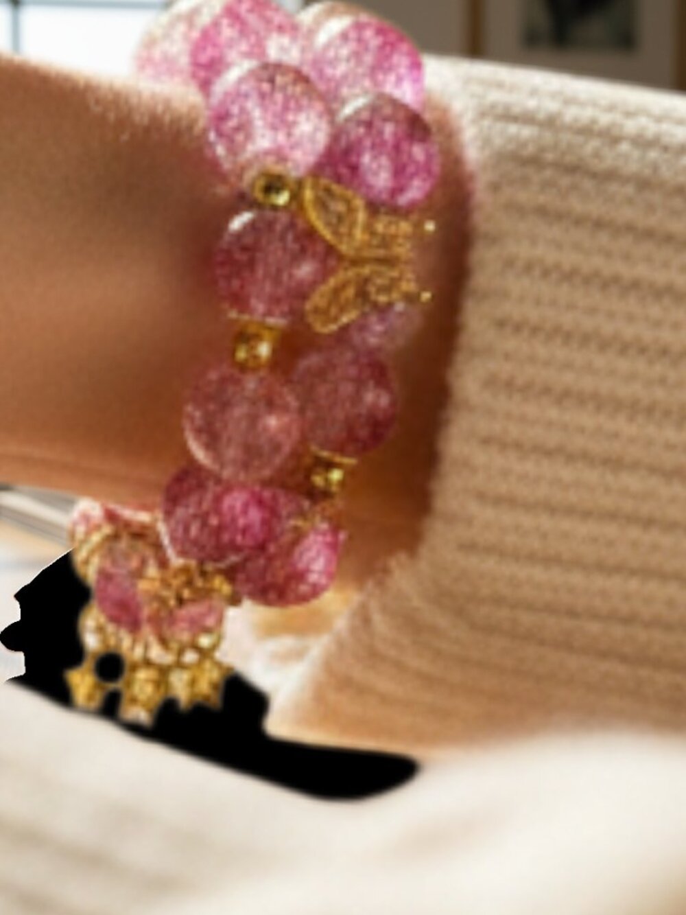 Pink Beaded Bracelet Gold Butterfly Charms Stretch Bracelet Strawberry Quartz St